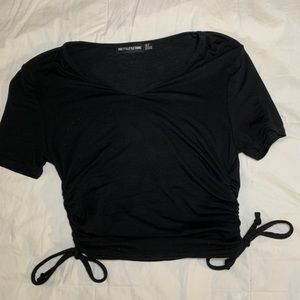 Black Jersey V Neck Ruched Side T Shirt